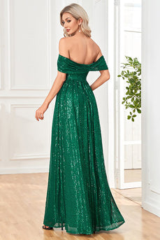 Lantejoulas brilhantes verde escuro fora do ombro uma linha vestido de baile com fenda