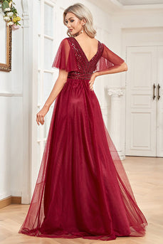 A Linha Borgonha Brilhante V-Neck Long Prom Dress