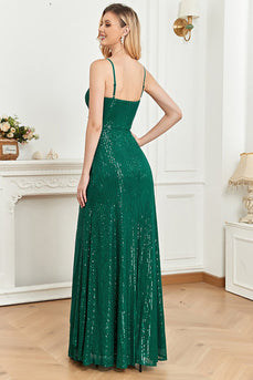 Sparkly Sequin Verde Escuro Esparguete Correias Long Prom Dress