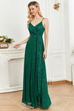 Sparkly Sequin Verde Escuro Esparguete Correias Long Prom Dress
