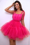 Hot Pink Uma Linha Tule Vestido Bonito Homecoming