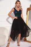 Preto Verde Lantejoulas A-line Vestido de cocktail assimétrico sem mangas