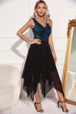 Preto Verde Lantejoulas A-line Vestido de cocktail assimétrico sem mangas