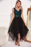 Preto Verde Lantejoulas A-line Vestido de cocktail assimétrico sem mangas
