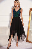 Preto Verde Lantejoulas A-line Vestido de cocktail assimétrico sem mangas