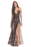 Preto Esparguete Correia Deep V-neck Vestido de Noite Longo