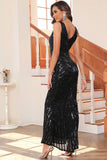Preto Sequin V-neck Mangas Sereia Vestido de Festa Longo Noite