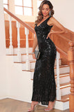 Preto Sequin V-neck Mangas Sereia Vestido de Festa Longo Noite