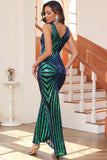 Preto Sequin V-neck Mangas Sereia Vestido de Festa Longo Noite