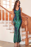 Preto Sequin V-neck Mangas Sereia Vestido de Festa Longo Noite