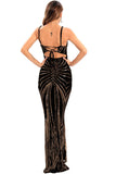 Preto Lantejoulas Esparguete Correia Backless Bodycon Vestido de Noite Longo