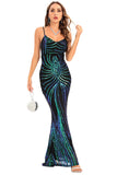 Preto Lantejoulas Esparguete Correia Backless Bodycon Vestido de Noite Longo
