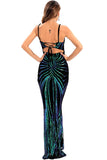 Preto Lantejoulas Esparguete Correia Backless Bodycon Vestido de Noite Longo