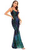 Preto Lantejoulas Esparguete Correia Backless Bodycon Vestido de Noite Longo