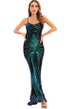 Preto Lantejoulas Esparguete Correia Backless Bodycon Vestido de Noite Longo