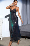 Preto Lantejoula Esparguete Correia Backless V-neck Vestido de Noite Longo