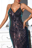 Preto Lantejoula Esparguete Correia Backless V-neck Vestido de Noite Longo