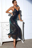 Preto Lantejoula Esparguete Correia Backless V-neck Vestido de Noite Longo
