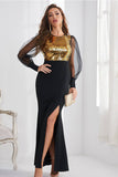 Preto e dourado bainha mangas longas vestido de noite longo com fenda