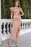 Blush Pescoço Quadrado Cap Mangas Bodycon Vestido de Festa Longo