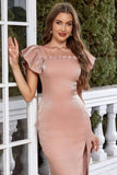 Blush Pescoço Quadrado Cap Mangas Bodycon Vestido de Festa Longo