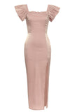 Blush Pescoço Quadrado Cap Mangas Bodycon Vestido de Festa Longo