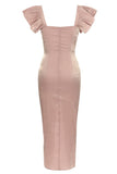Blush Pescoço Quadrado Cap Mangas Bodycon Vestido de Festa Longo