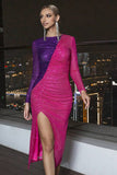 Mangas compridas Sequins Vestido de cocktail brilhante com fenda