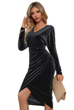Preto Mangas Longas Veludo Vestido de Festa de Férias