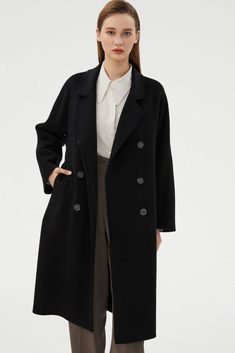 Black Slim Simple Long Woolen Coat com peito duplo