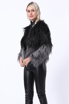 Preto inverno manga longa Faux Fur Coat