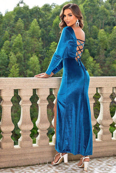 Veludo azul pescoço quadrado bainha vestido de férias com fenda