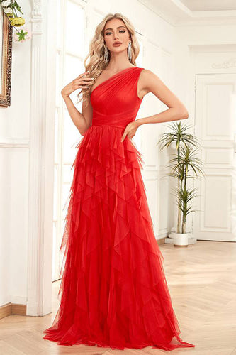 Um ombro vermelho tule A-Line vestido formal