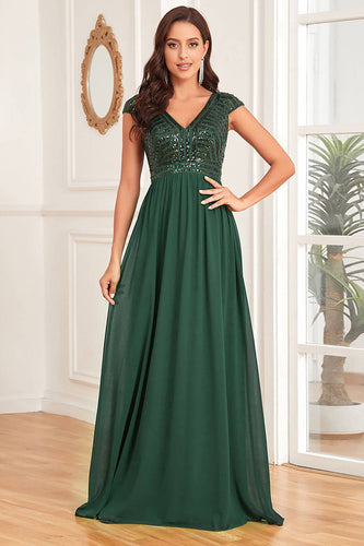 Verde escuro V-neck uma linha de vestido formal com lantejoulas