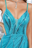 Azul A-Line Spaghetti Correias Sequins Prom Dress Com Fenda