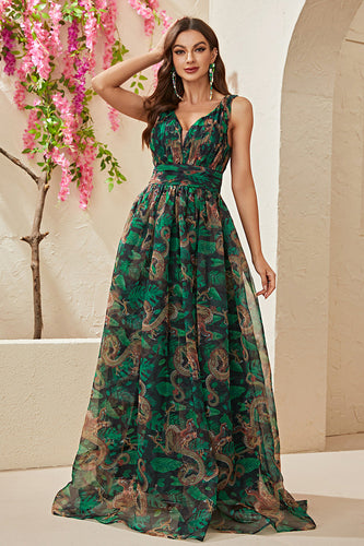A-Line Verde Impresso V-Neck Long Prom Dress