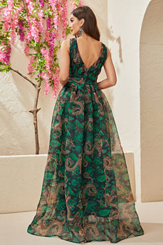 A-Line Verde Impresso V-Neck Long Prom Dress