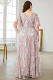 Cinzento Rosa A-Line V-Neck Bordado Plus Size Prom Dress