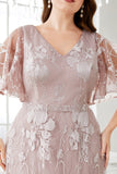 Cinzento Rosa A-Line V-Neck Bordado Plus Size Prom Dress