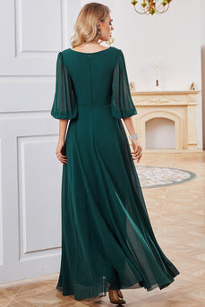 A-Line Verde Escuro V-Neck Chiffon Long Prom Dress