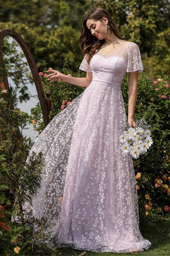 Lilás A linha Tule Prom Dress com Estampa Floral