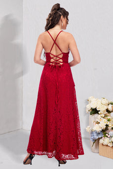Red Lace Esparguete Alças Prom Dress com Fenda