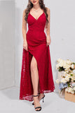 Red Lace Esparguete Alças Prom Dress com Fenda