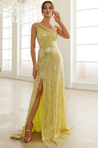 Um ombro amarelo brilhante sereia vestido de baile com fenda