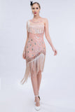 Sparkly Blush Assimétrico Sequins Fringed 1920s Vestido com Acessórios set