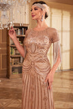 Franjas Glitter Vestido Flapper Longo com Mangas Curtas