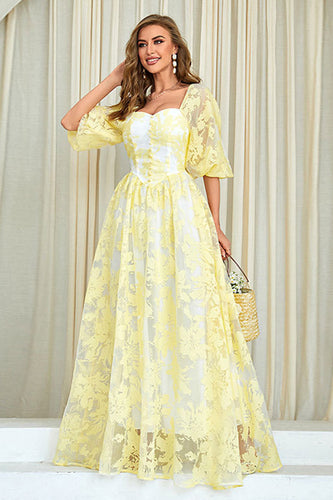 Amarelo Print A Line Prom Dress com mangas puff
