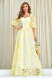 Amarelo Print A Line Prom Dress com mangas puff