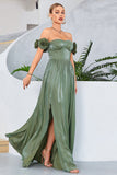Verde A-Line fora do ombro plissado longo vestido de baile com fenda