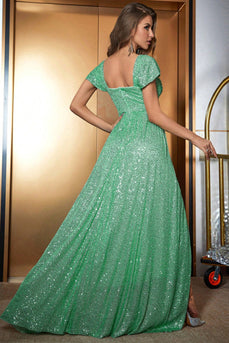 Verde A-Line fora do ombro brilhante lantejoulas vestido de baile com fenda